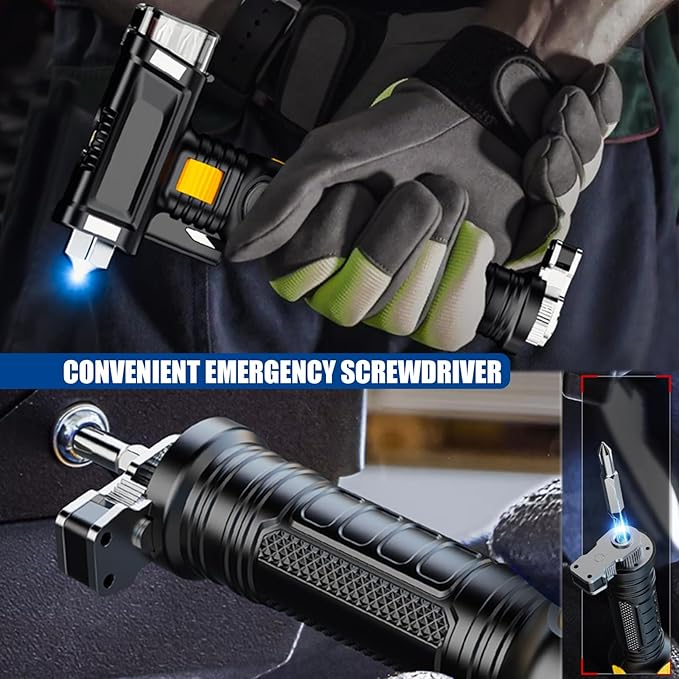 Safety Hammer Flashlight for Car, Emergency Rescue Tool with Seatbelt Cutter, 6 in 1 Screwdrivers Bit Storage Kit, Sound & Li