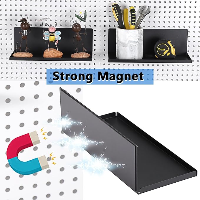 Kokone 6 Pack Magnetic Pegboard Shelves with Lip Around The Edge, 10x4.3 Inch Metal Peg Board Shelves Accessories for Storing