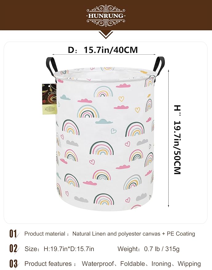 HUNRUNG Laundry Hamper,Large Canvas Fabric Lightweight Storage Basket Toy Organizer Dirty Clothes Collapsible Waterproof for 