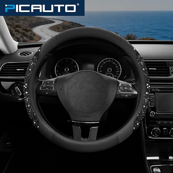 PIC AUTO Steering Wheel Cover, Black Sparkly Crystal Bling Glitter with Leather, Universal Fit 14.5"-15.5" Car Steering Wheel