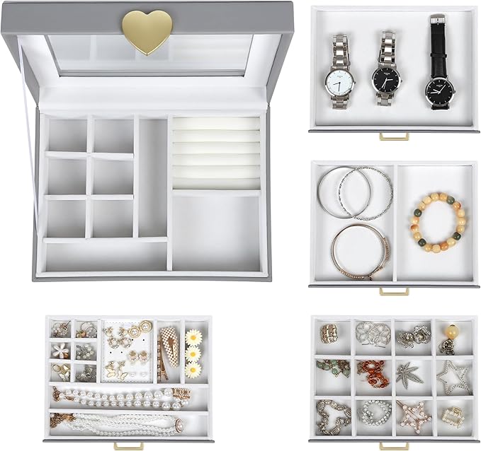 Kendal Jewelry Box, 5-Layer Jewelry Organizer Box with Glass Lid, Gray, Heart Shaped PU Leather, Storage Box for Necklace Ear