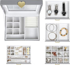 Kendal Jewelry Box, 5-Layer Jewelry Organizer Box with Glass Lid, Gray, Heart Shaped PU Leather, Storage Box for Necklace Ear