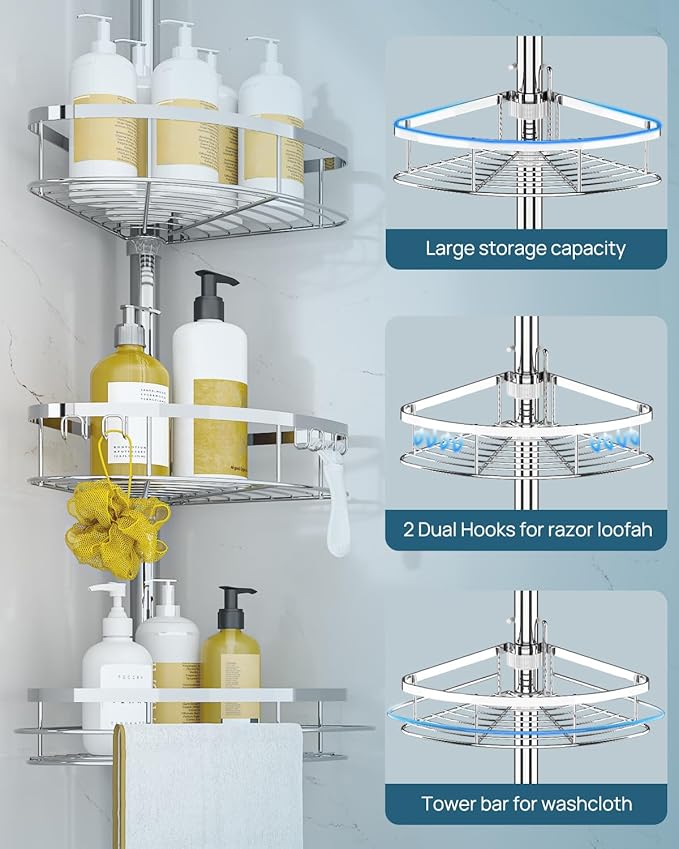 SEIRIONE Rustproof Shower Corner Caddy Organizer for Bathroom, 4 Adjustable Shelves with Tension Pole, for Bathtub Shampoo Ac