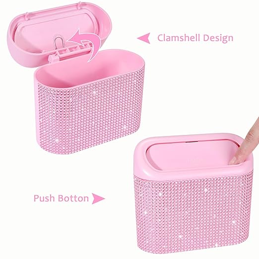 Accmor Bling Pink Car Trash Can with Lid, Mini Auto Garbage Storage Bin with 60 Trash Bags, Small Car Garbage Container Bin, Sparkling Crystal Vehicle Dustbin for Front Back Seat Accessories for Cars