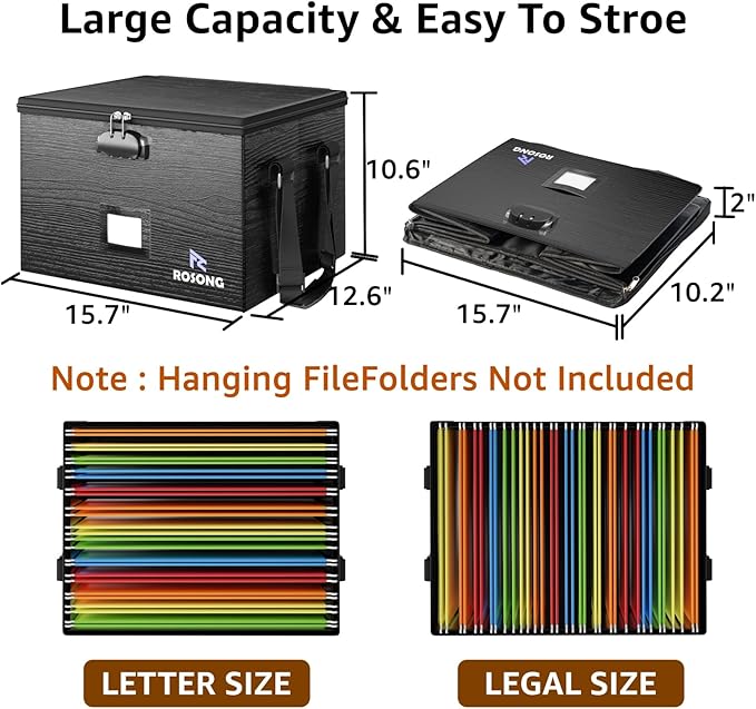 ROSONG Fireproof Document Box File Organizer - Portable Locking Filing Storage Box with Handle Waterproof for Hanging Letter/