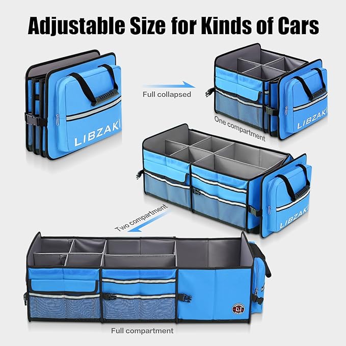 LIBZAKI Oversize 4 in 1 Car Trunk Storage Organizer, Multi Compartment Collapsible Trunk Storage Box with Cooler Bag for Car