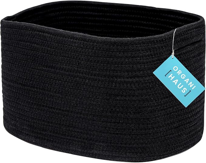 OrganiHaus Cotton Rope Basket for Shelf - Woven Storage Basket for Organizing, Closet & Toy Storage - Black - 15x9x10