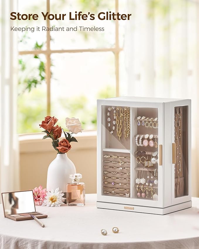 Glimmloop 360° Rotating Jewelry Box with 7 Drawers, Spacious Vertical Jewelry Organizer with Glass Window, Jewelry Storage Ca