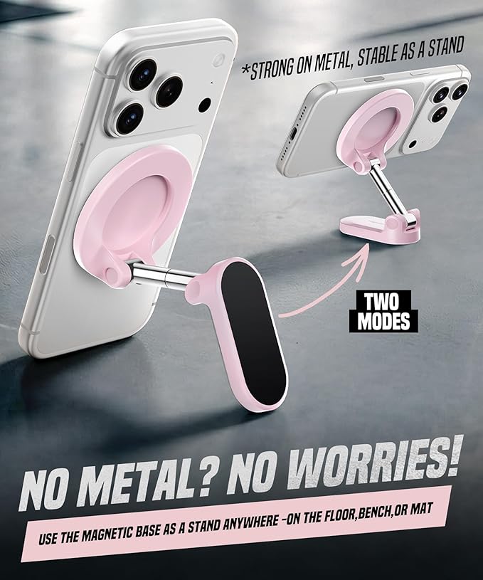 GolbinBox Magnetic Gym Phone Holder for MagSafe, All Metal Dual-Magnet Mount for iPhone and Android, 360° Adjustable Tri-Axis, Gym Essentials for Bodybuilder Men Women Recording Fitness Exercise, Pink