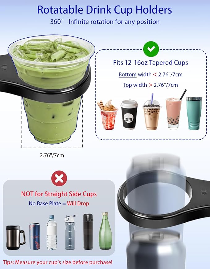 Car Cup Holder Tray - 4 in 1 Adjustable Car Cup Holder Expander with 360° Rotatable Food Tray Table and Phone Mount for Drive