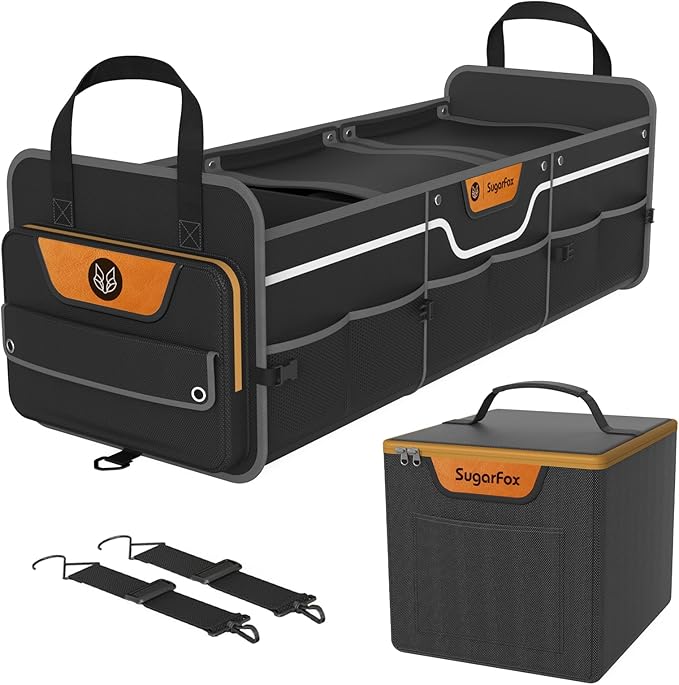 Car Trunk Organizer for SUV, Heavy Duty Waterproof Trunk Organizer, Foldable Collapsible Car Organizer with Cooler, Multi-Comp