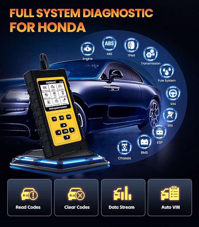 OM707 OBD2 Scanner for Honda Acura, Full Systems Diagnostic Tool, 15 Popular Reset Services, Auto VIN, Battery Test, One-Key