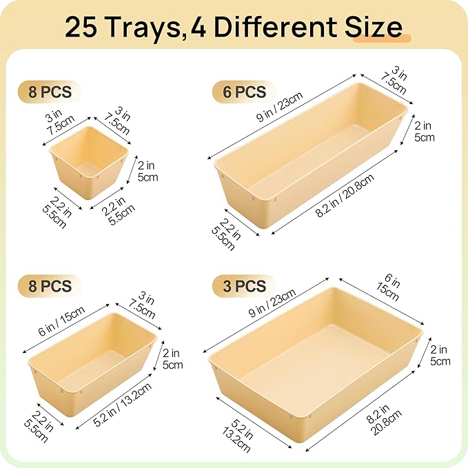 Vtopmart 25 PCS Plastic Drawer Organizers Set, 4-Size Versatile Bathroom and Vanity Drawer Organizer Trays, Storage Bins for 