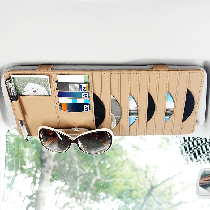 alpmosn Sun Visor CD Case Holder for Car - Multi-Function Visor Organizer with CD/DVD Storage, Eyeglass Clip, Card Slots & Pen Holder, Durable Leather Car Accessories (Beige)