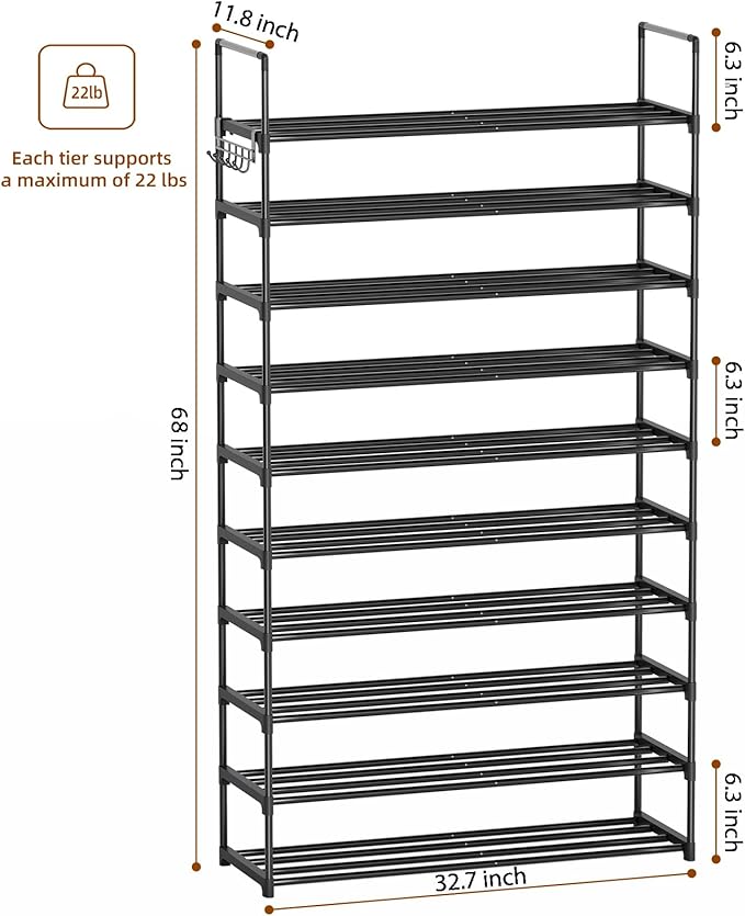 10 Tier Shoe Rack, Tall Shoe Rack for Entryway, Shoe Organizer for Closet, Shoe Storage for Front Door Entrance & Entryway, L