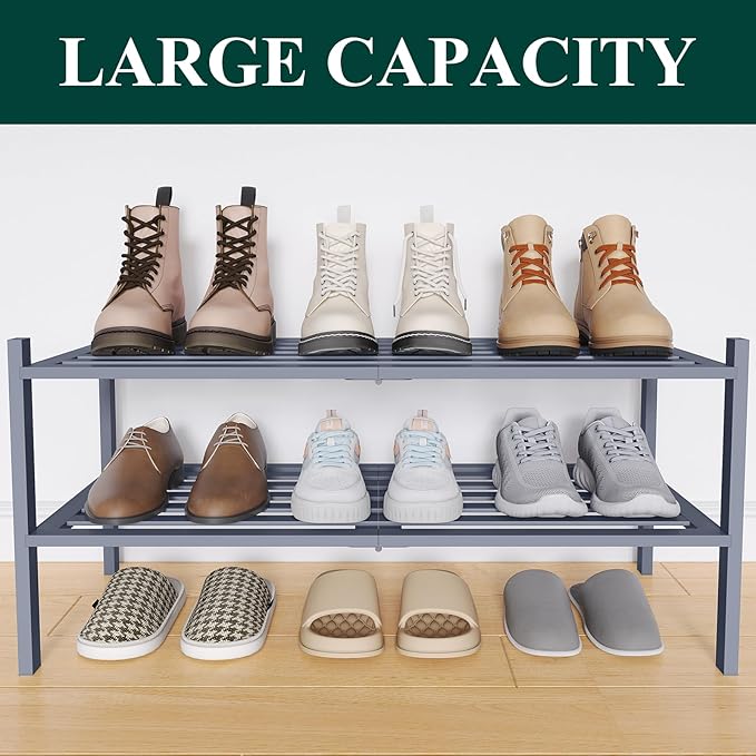 Smiry Bamboo Shoe Rack 2-Tier, Stackable Wooden Shoe Organizer for Entryway & Closet, Free Standing Wood Shoe Storage Shelf f