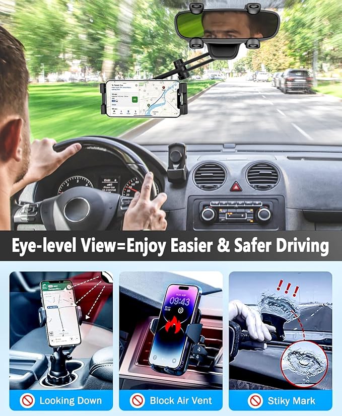Rearview Mirror Tablet Mount for Car Truck [Rotatable & Retractable] Rear View Mirror Clip Phone Tablet Holder Upgraded 4 Corners for Pro Air Mini, Galaxy Tab, iPhone, 4-11" Devices