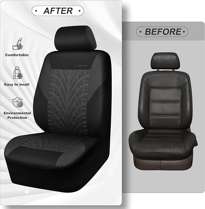 CAR PASS Car Seat Covers Full Sets, Front & Split Rear Bench for Car, 3D Tyre Embossed Automotive Interior Covers, Airbag Com
