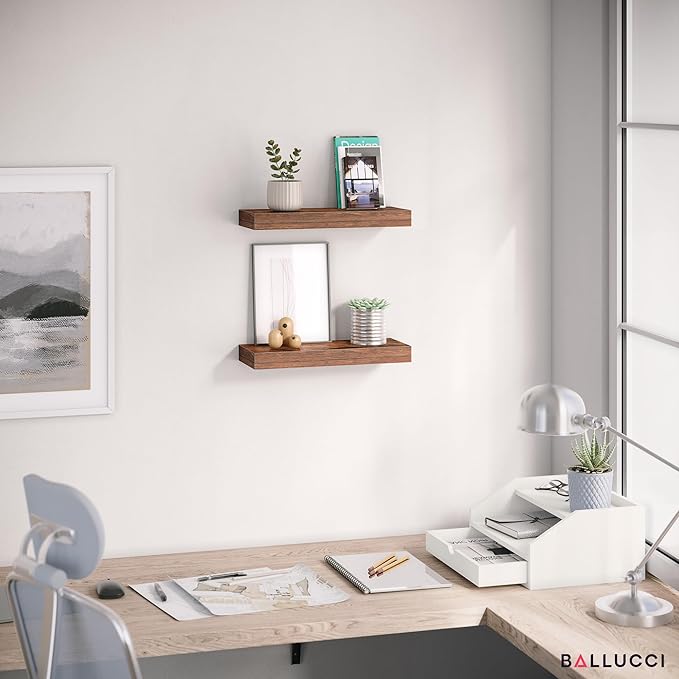 Ballucci Floating Shelves, 16" Wood Wall Shelf Set of 2, with Invisible Brackets for Bathroom, Living Room, Bedroom, Kitchen,