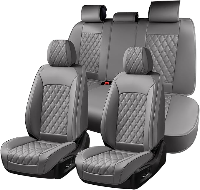 Huidasource Gray Seat Covers Full Set, Gray Seat Covers 5 Seats Waterproof Nappa Leather, Universal Fit for Most Cars,Van,Tru