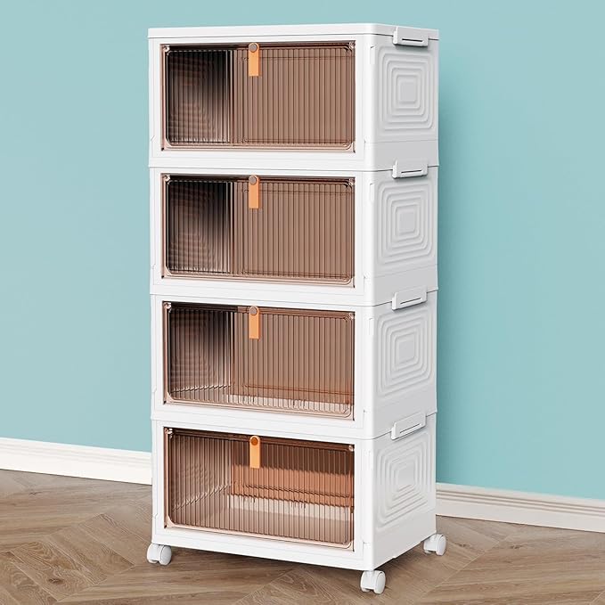 CTSNSLH 4 Tier Plastic Storage Bins and Boxes Organizer - Stackable with Lids for Bedroom, Living Room, Office - Foldable Con