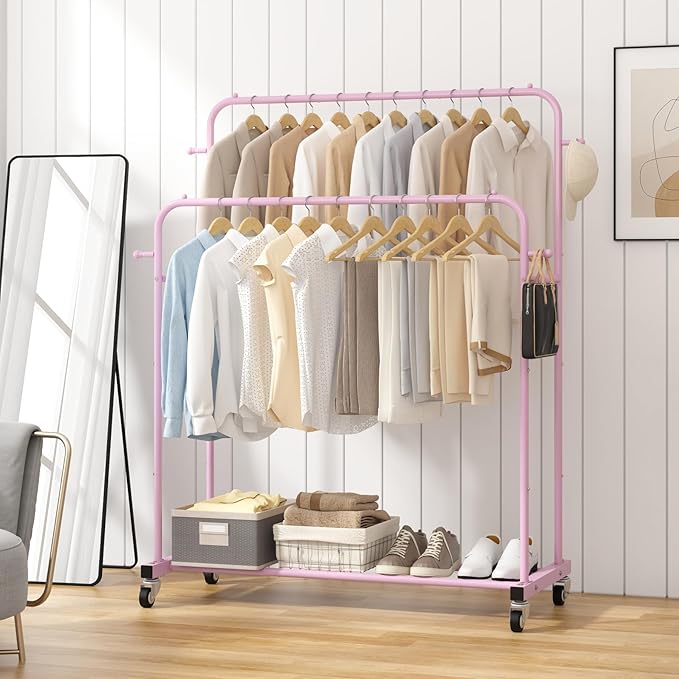 Laiensia Double Rods Garment Rack with Wheels, Clothing Rack for Hanging Clothes,4 Hooks, Multi-Functional Bedroom Clothes Ra
