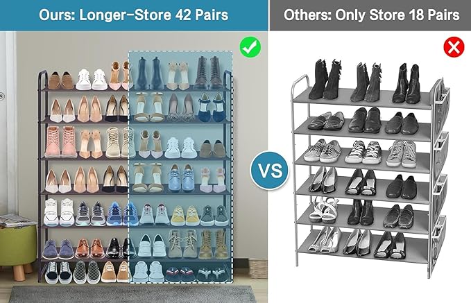 KIMBORA 6 Tier Long Shoe Rack for Closet, Wide Closet Shoe Organizer Storage Sturdy Sneaker Shelf for Floor, Bedroom 42 Pairs