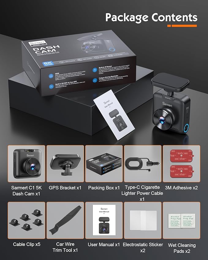 Sarmert C1 5K Dash Cam Front - Built-in GPS and 5G WiFi, Sony STARVIS Sensor, HDR Night Vision Car Camera, 5K/4K/2.5K UHD Das