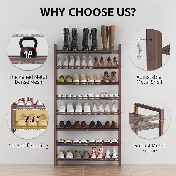 8Tier Metal Tall Shoe Rack,Large Shoe Rack for Closet,entryway,Garage, with Adjustable Flat or Angled Shelves, Hold 32-40 Pai