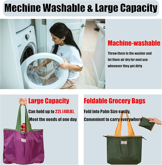 4PC Foldable Reusable Shopping Bags 210D Nylon Waterproof Travel Grocery Tote with Drawstring Mouth & Reinforced Handle