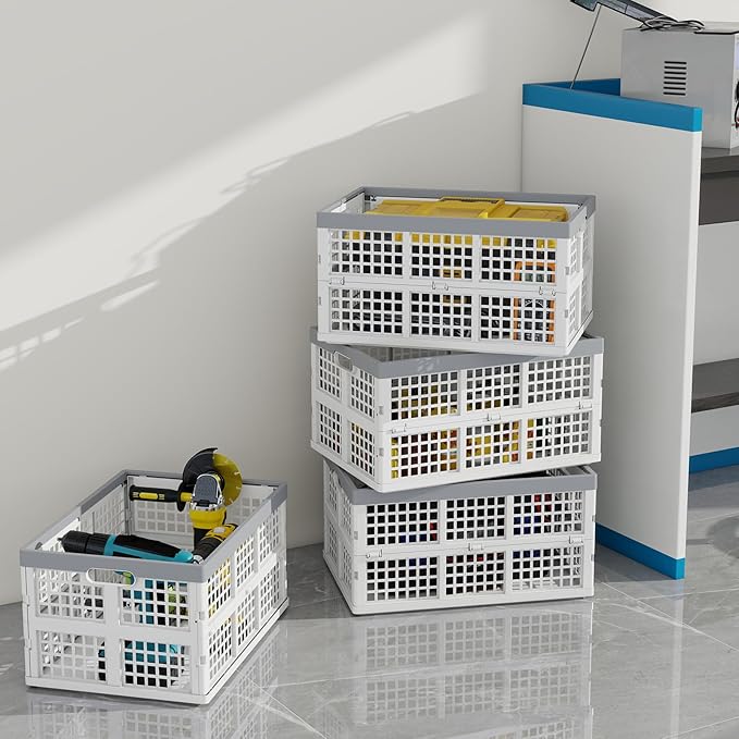 4 Packs 30 L Plastic Collapsible Storage Basket, Folding Stackable Storage Containers/Bins, White