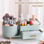 Rotating Makeup Organizer for Vanity with Brush Holder and Drawer, Cosmetic Makeup Storage, Large Spinning Makeup Skincare Or
