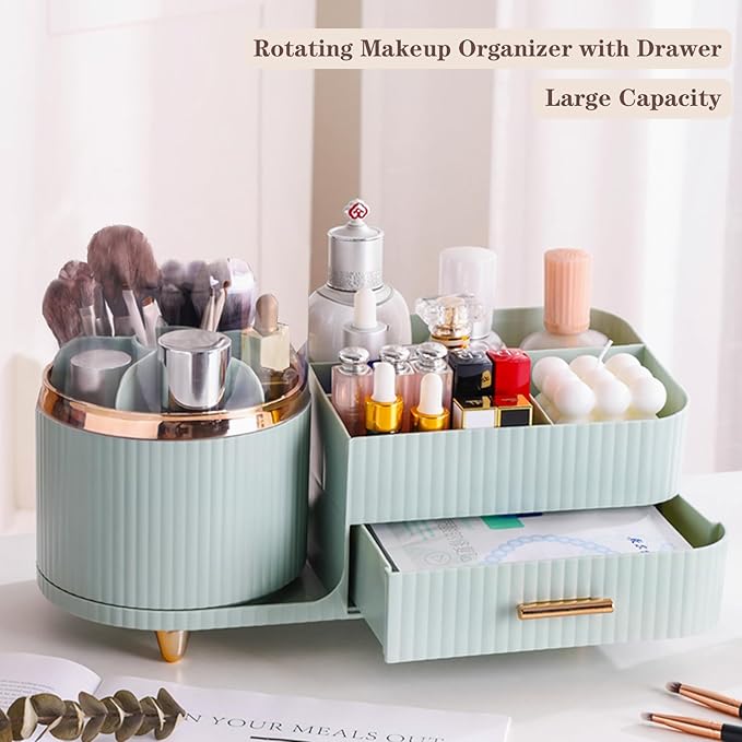 Rotating Makeup Organizer for Vanity with Brush Holder and Drawer, Cosmetic Makeup Storage, Large Spinning Makeup Skincare Or