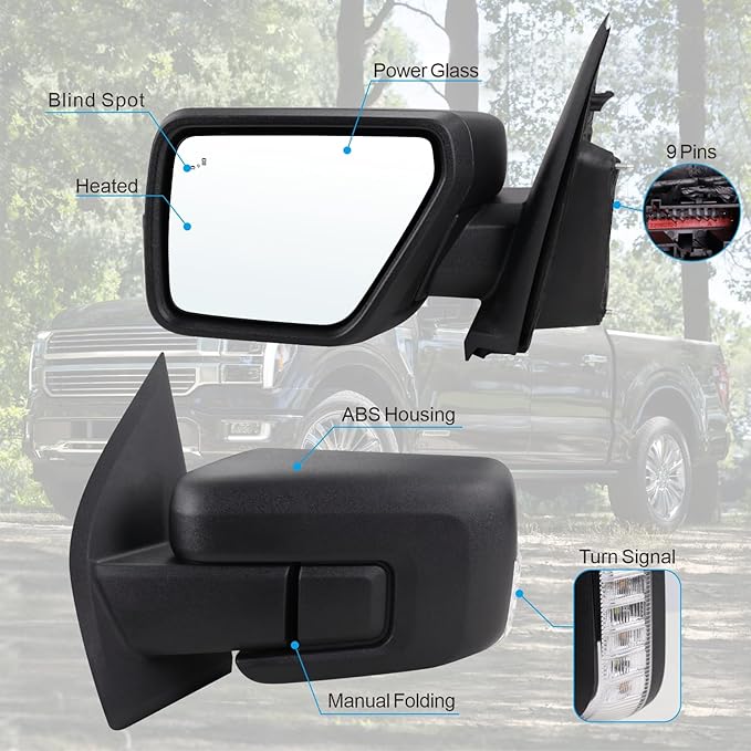 Left Driver Side Mirror Compatible With 2021-2026 Ford F150 With Manual Folding Power Glass Heated Blind Spot Turn Signal Light Matte Black Replace#ML3Z17683TA (9Pins)