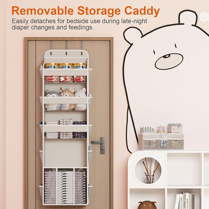OneDream 5-Tier Over the Door Organizer with Removable Storage Caddy, Baby Clothes Organizer for Nursery, Hanging Behind Door