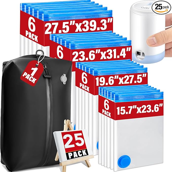 25 Pack Vacuum Storage Bags for Clothing Travel Vacuum Seal Bags With Wireless Pump IP67 Waterproof Reusable Vacuum Compressi