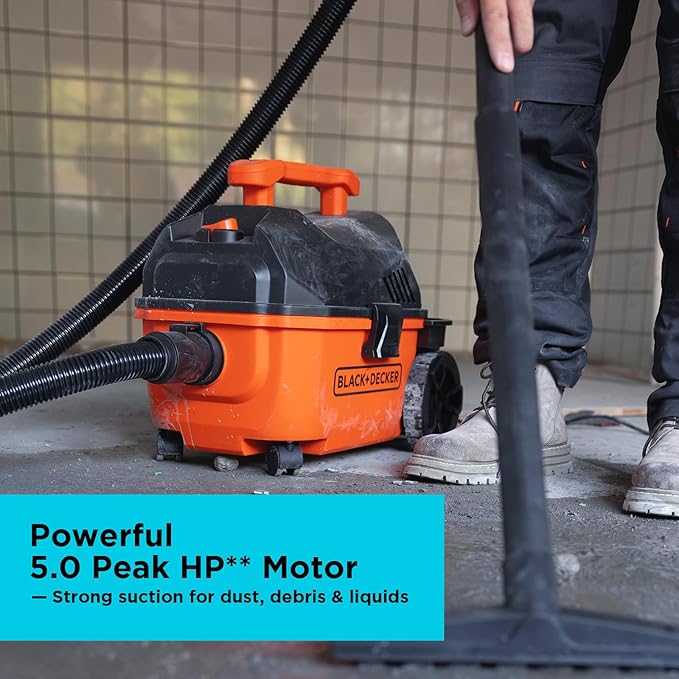 BLACK+DECKER Shop Vacuum Wet and Dry, 4 Gallon 5.0 Peak HP Wet/Dry Vacuum, Quiet Operation with Muffler, Long Reach Cleaning 