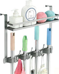 Broom Holder Over The Door Over Door Broom and Mop Rack Over The Door Hooks Organizer With4 Slots & 3 Hooks 1 Storage Basket 