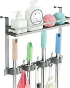 Broom Holder Over The Door Over Door Broom and Mop Rack Over The Door Hooks Organizer With4 Slots & 3 Hooks 1 Storage Basket 