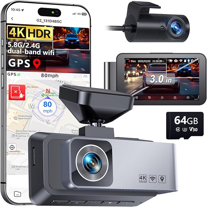 Dash Cam Front and Rear, 4K HDR Dash Camera for Cars, 3" IPS Screen Dash Cam Built-in GPS with 5.8G WiFi UHD Night Vision Fre