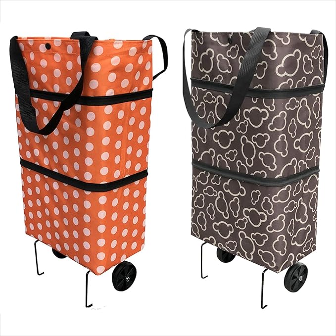 Reusable Grocery Bags with Waterproof Coating and Folding Wheels - 2 Pack Foldable Tote Bags for Shopping, Multi-Purpose Storage for Groceries(Black+Orange)