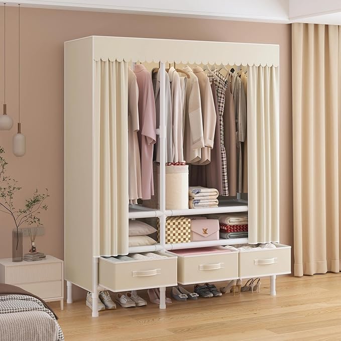 Portable Closet,Garment Rack,Heavy Duty Clothes Rack with Cover,Wardrobe Closet with 1 Hanging Rods, 2 Storage Shelves and 3 