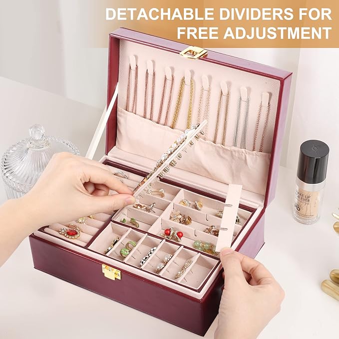 Jewelry Boxes for Women Girls PU Leather Jewelry Organizer Box 2 Layer Large Jewelry Storage Case Removable Tray for Necklace
