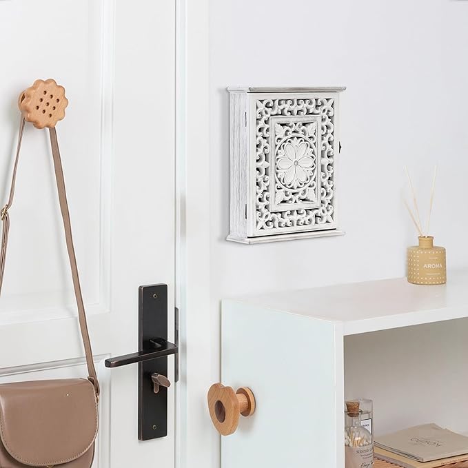 Wooden Key Holder for Wall, Key Box Key Cabinet, Key Hooks Wall Mounted Key Hangers Rustic Decorative Key Rack with 6 Key Hoo
