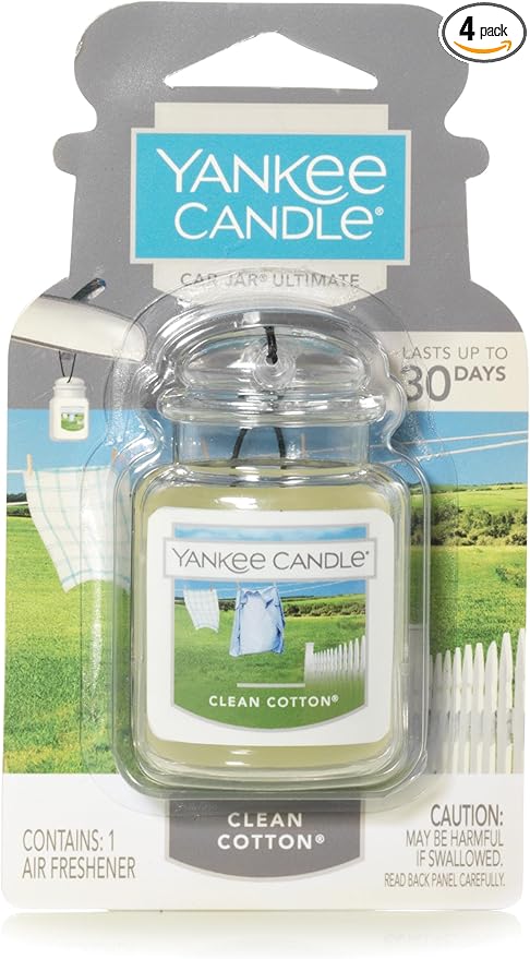 Yankee Candle Gel Car Jar Ultimate Hanging Odor Neutralizing Air Freshener, Clean Cotton Scent, 4 Packs