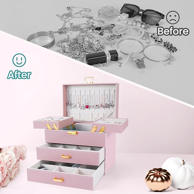 Dajasan Jewelry Organizer Box, Large Jewelry Boxes for Girls, Space-Saving 4 Layers Jewelry Storage Case with Drawer, Gift fo