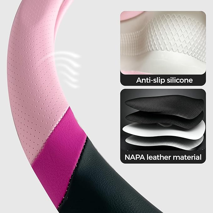 15'' Non-Slip Steering Wheel Cover for Women and Men– Made with Durable NAPA Leather for a Luxurious Feel, Breathable, Easy to Install, and Ideal for Everyday Use or Extended Road Trips (Pink B)