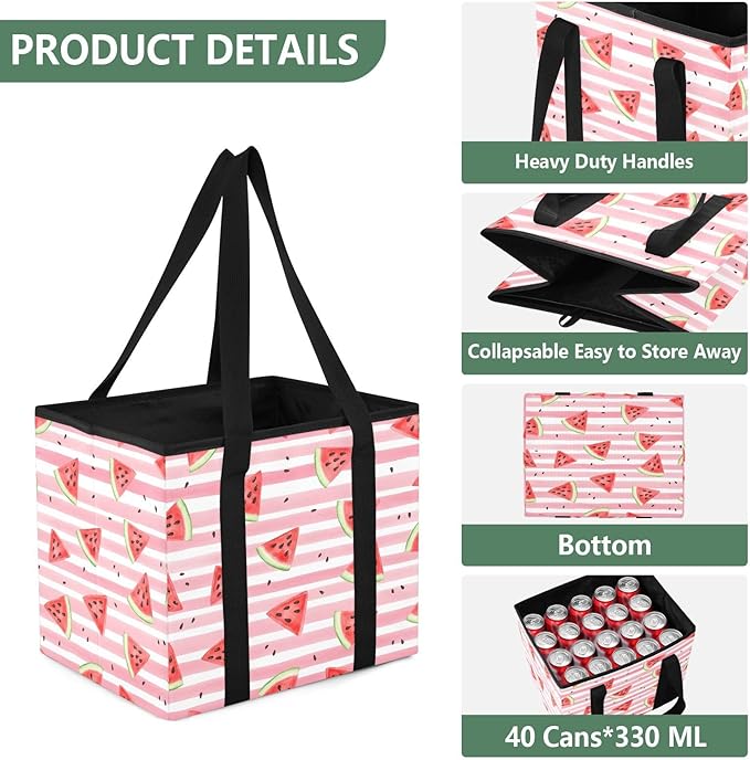 Watermelon Reusable Grocery Bags Large Shopping Tote Bag with Reinforced Bottom Board, Water Resistant Foldable Storage Bags 