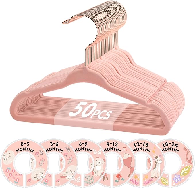 VIS'V Baby Hangers, 11 Inch Velvet Kids Hangers with 6 Pcs Clothes Size Dividers, Infant Toddler Nursery Closet Organization,