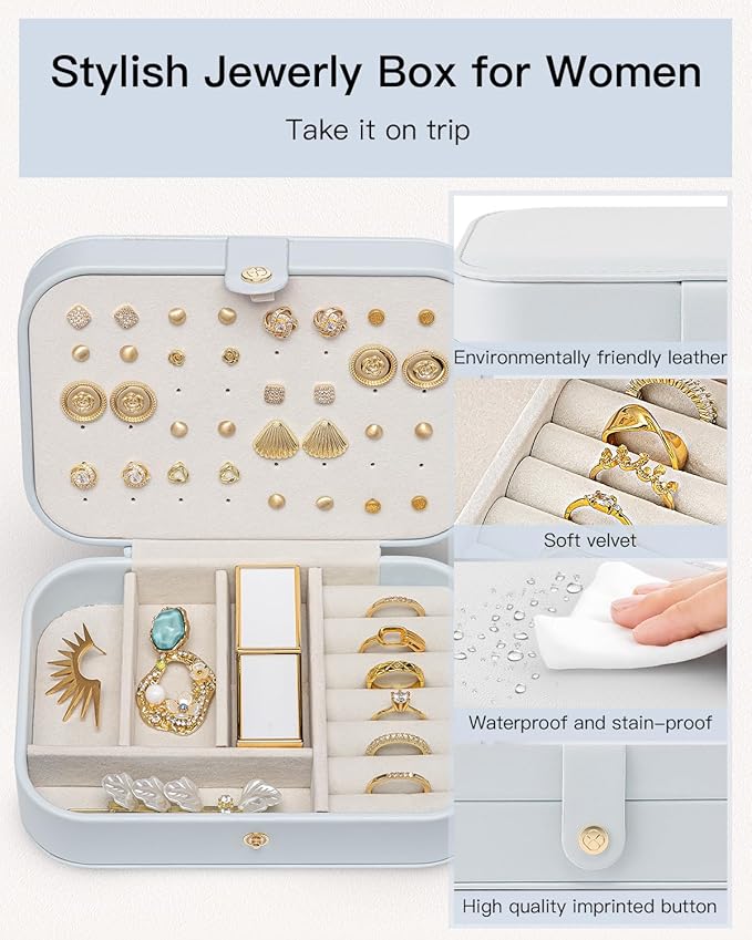 VLANDO Travel Jewelry Case, PU Leather Travel Jewelry Box with Earring Holder, Portable Display Mini Jewelry Case for Mothers
